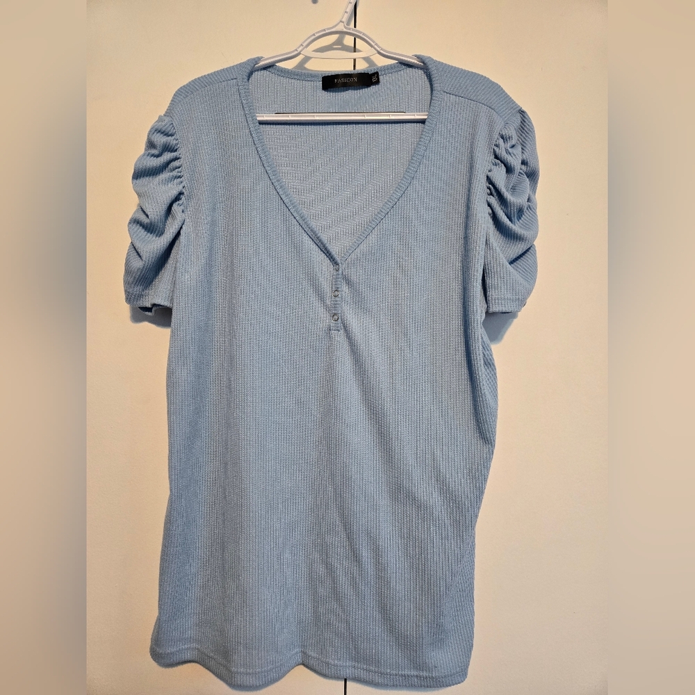 Fashion Light Blue Ruched‎ Sleeve Women's Top- Size XXL